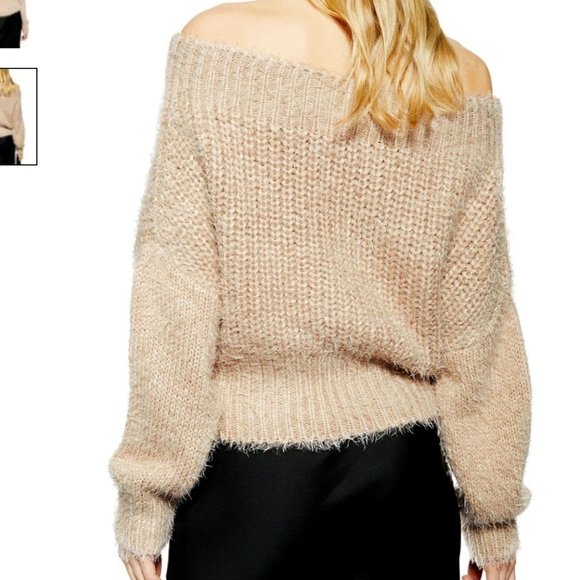 BNWT TOPSHOP LUXE COLL. FLUFFY OFF SHOULDER SWEATER SZ 0-2 NUDE TAN - Picture 1 of 8